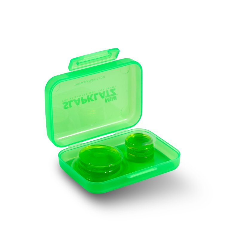 SlapKlatz MINI alien green - open carrying case shown with gel dampeners inside.