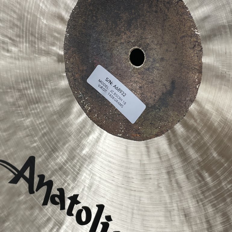 Anatolian JC Series 18" Brown Sugar Crash - back side shown, as well as the sticker that contains the serial number etc.
