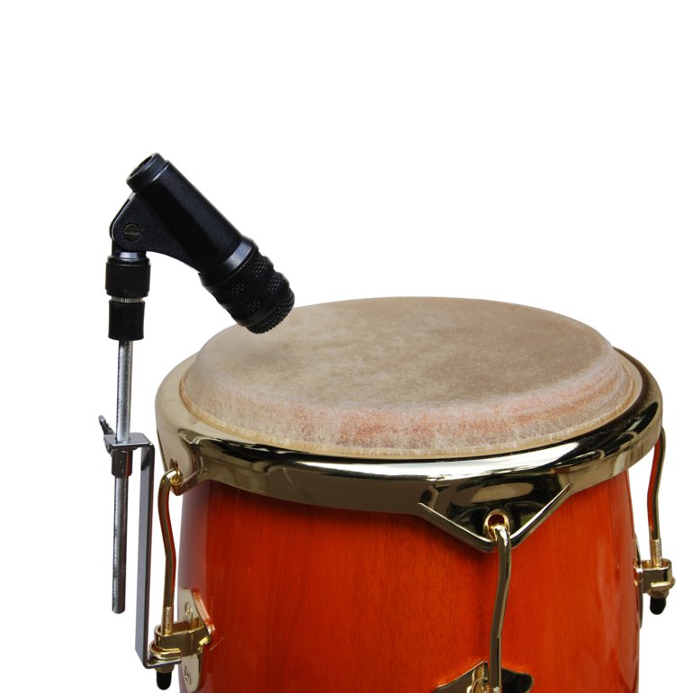 Mic Holders for congas - shown mounted on a red conga, with the microphone in place over the head of the conga.