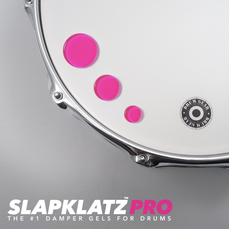 SlapKlat PRO pink - 3 gels in 3 sizes shown on a drum head