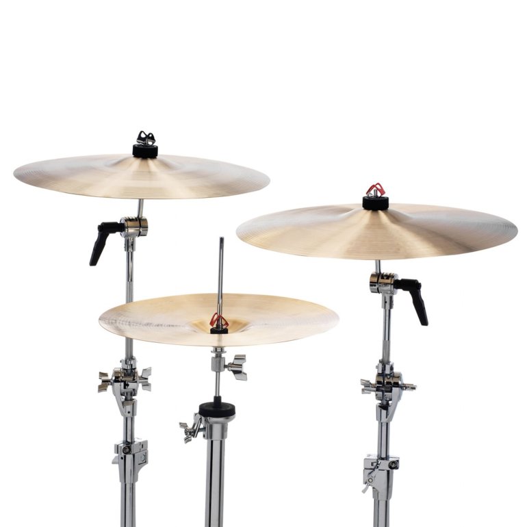 PinchClip shown on two cymbal stands and one hihat stand.
